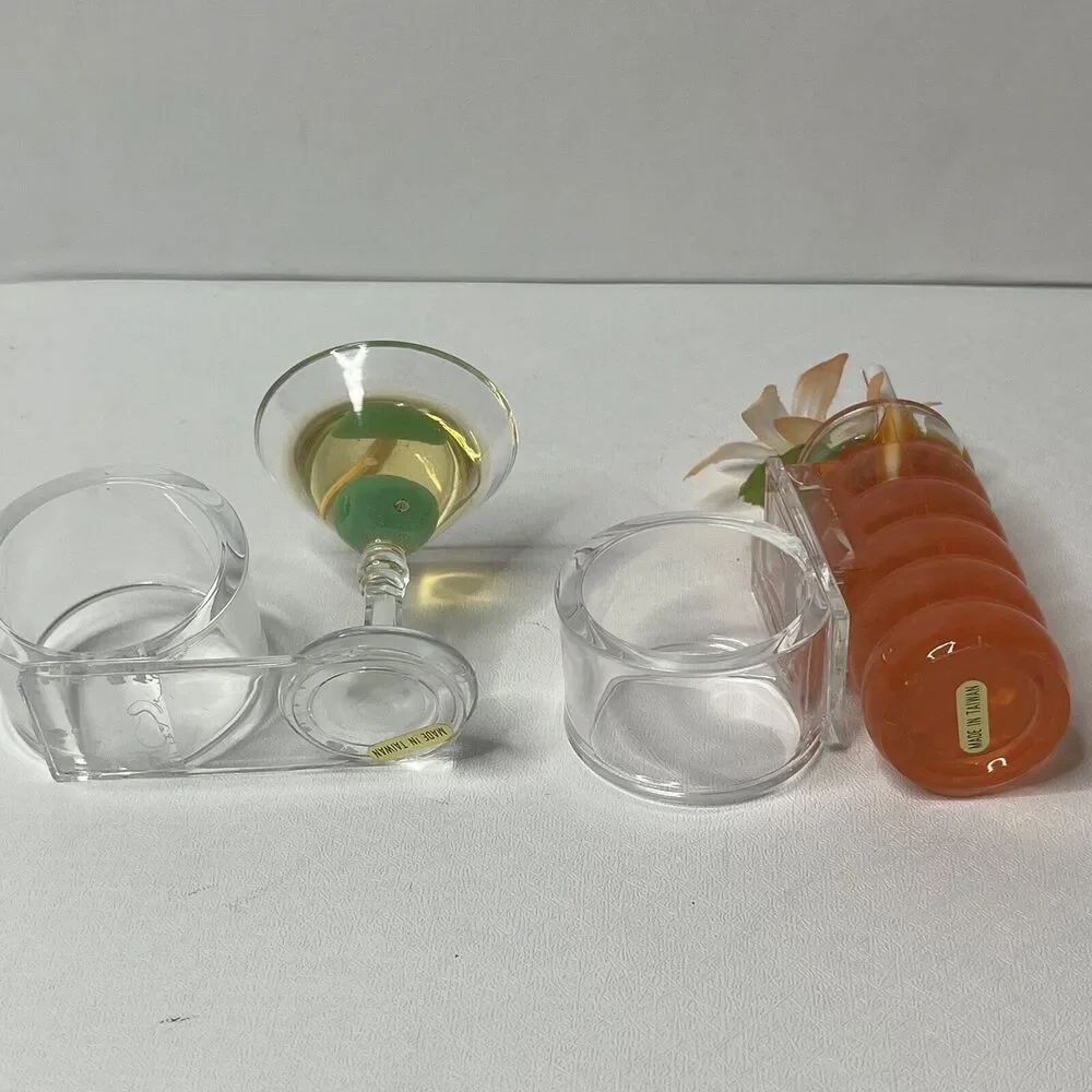 Vintage Clear Plastic Cocktail Glasses Napkin Rings Set Of 2